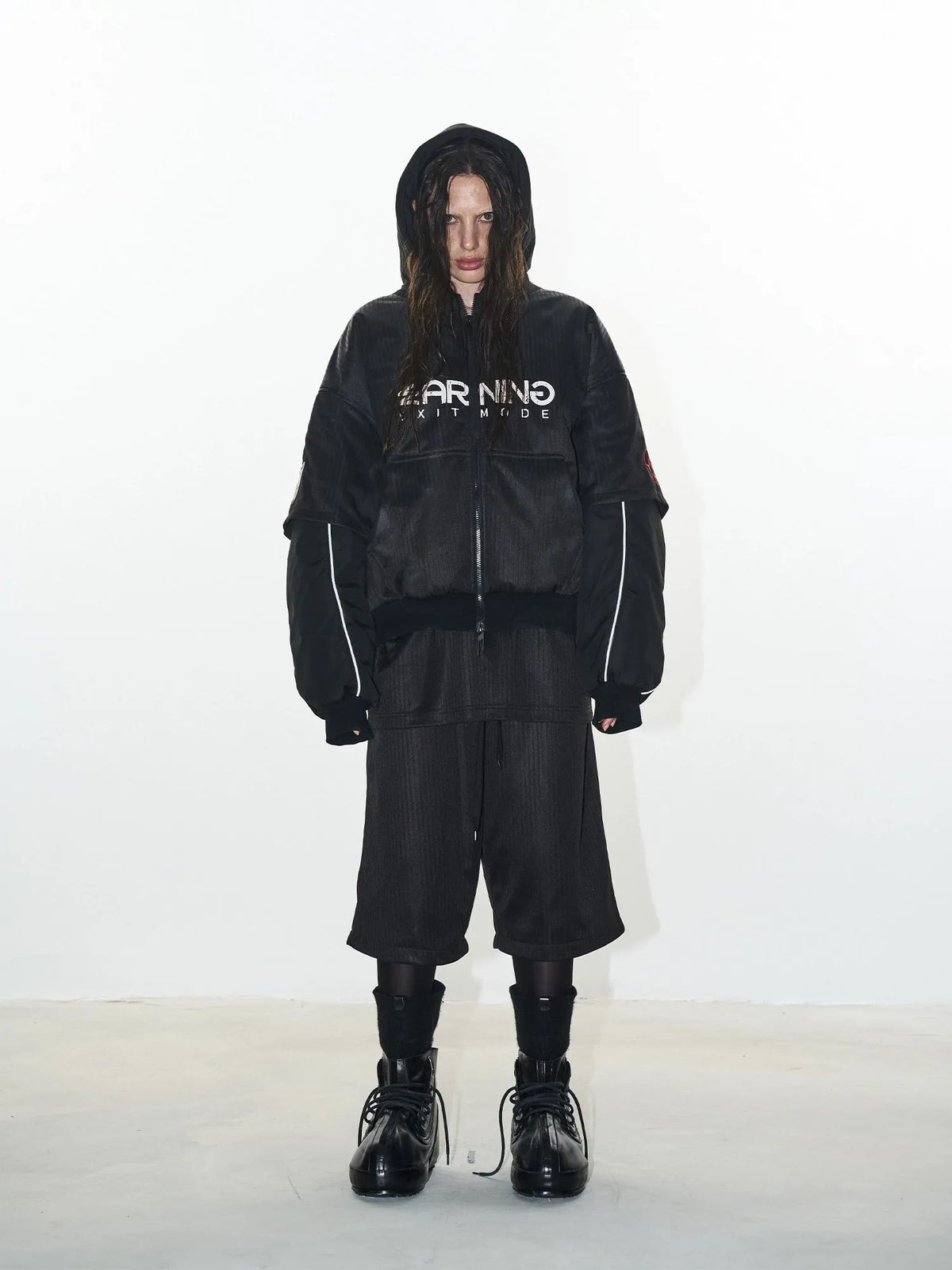 Fake Two-Piece Sports Badge Print Hooded Cotton Jacket