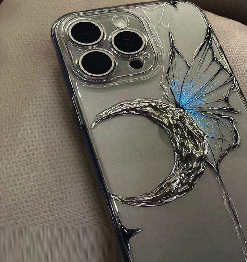 ins手绘月亮金属蝴蝶适用苹果iPhone15手机壳14Pro高级感17Promax新款12透明16pro个性x原创16小众13立体14