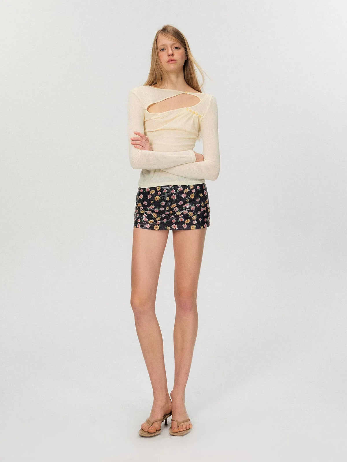 Sheer Textured Cut-Out Long Sleeve Top