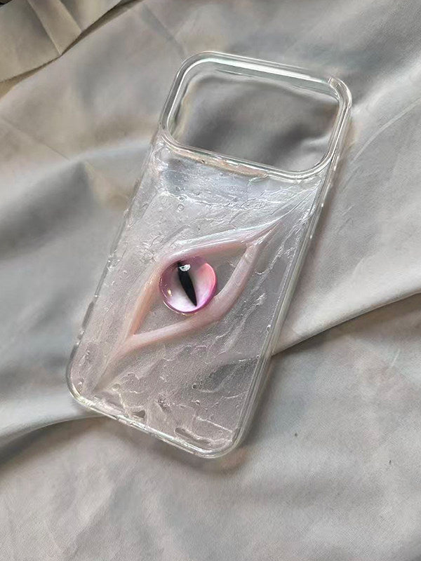 A handmade clear iPhone case featuring a 3D textured pearl finish and a prominent pink eye design.