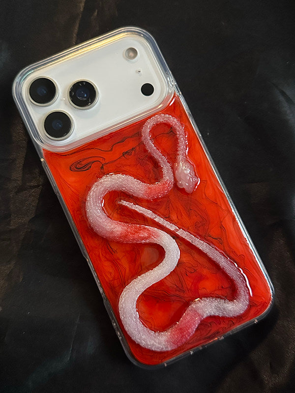 Handmade 3D white snake design on a red ink wash background iPhone case