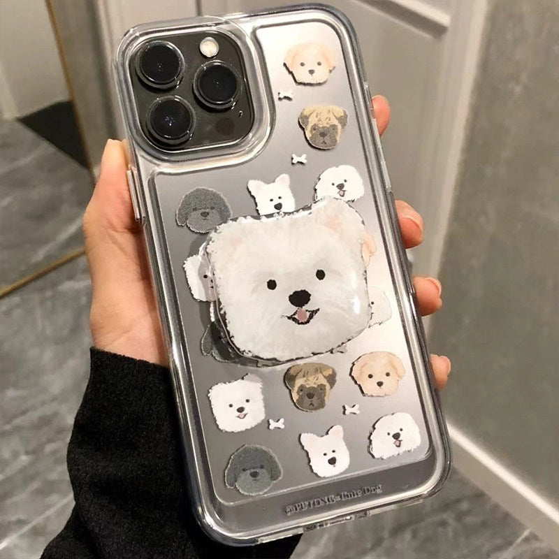 Highland White Cute Cartoon Dog Stand for Apple 15 Pro Phone Case iPhone 14 Pro Premium 16 Pro Max New 16 Pro Couple 11 Anti-fall Protection 12 Metal Buttons