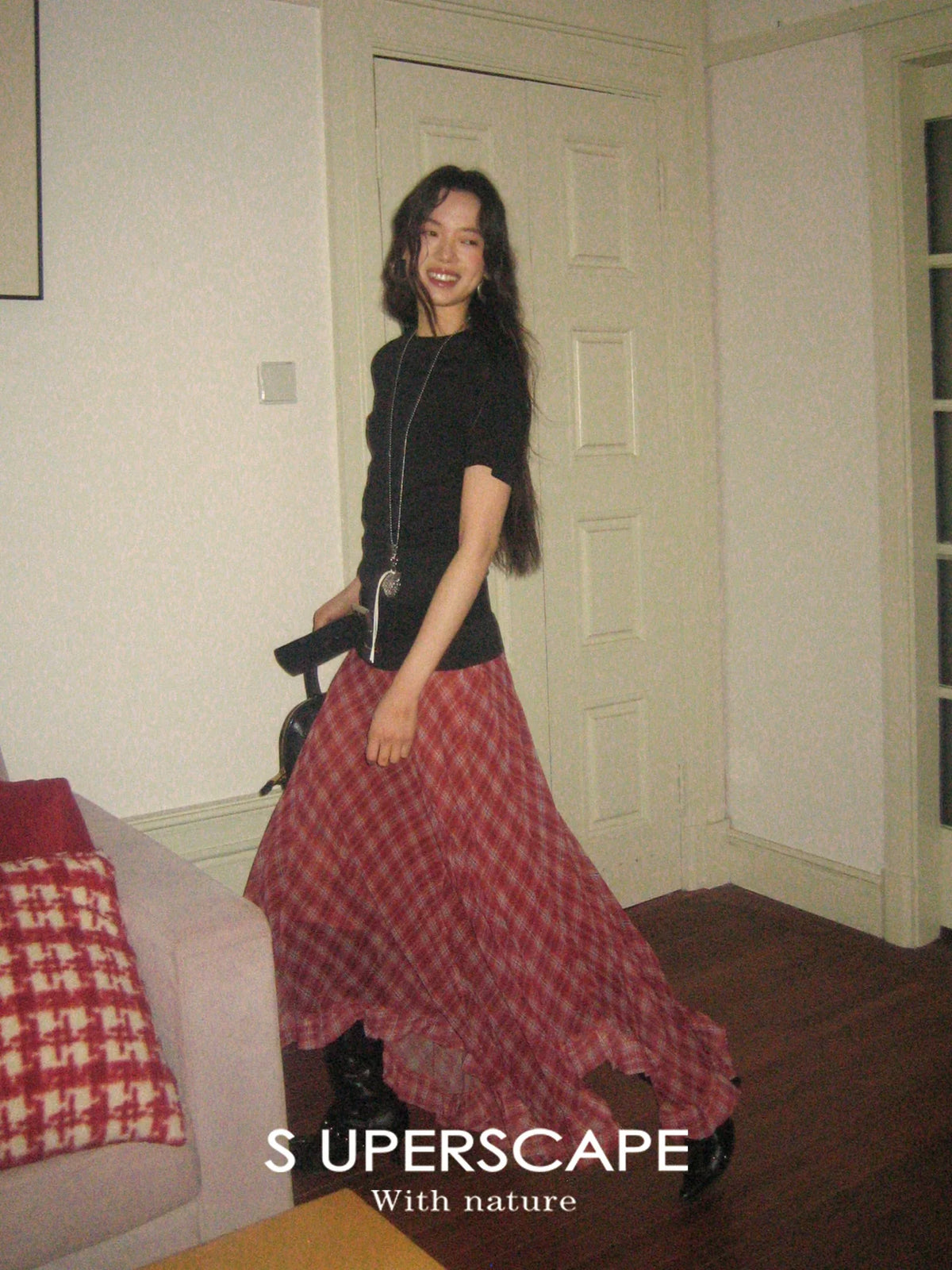 Plaid Chiffon Asymmetric Hem Skirt