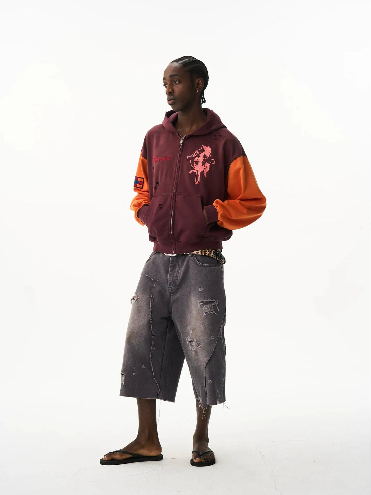Contrast Panel Washed Cross Motif Zip-Up Hoodie