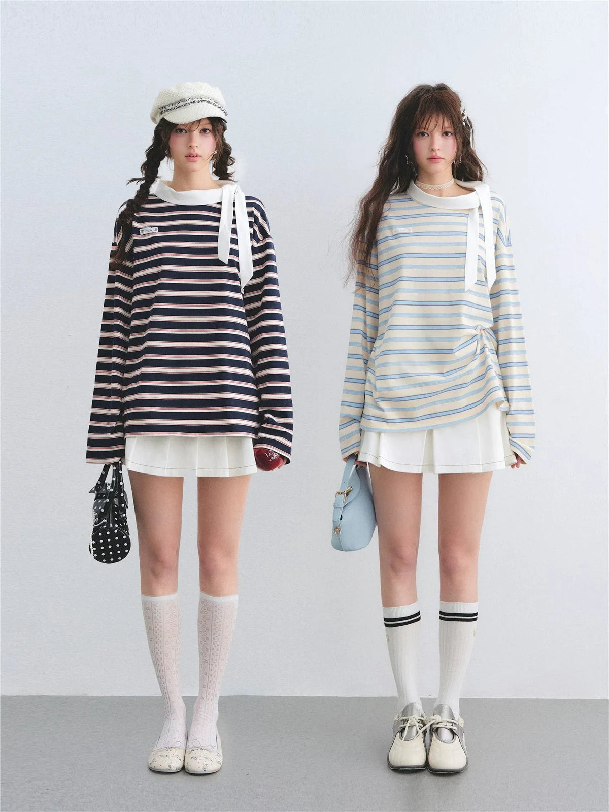 Contrast Tie Collar Striped Relaxed Long Sleeve T-Shirt