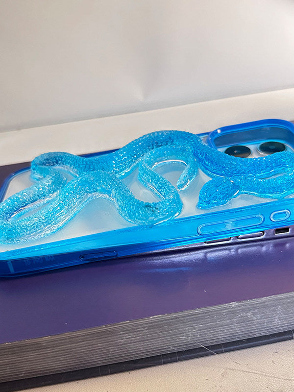 Niche minimalist 3D glacier blue snake phone case for Apple 16 Pro, iPhone 15 Promax, high-end feel 14 Promax, handmade 17 Pro, personalized creative 11, anti-fall transparent 16, original.