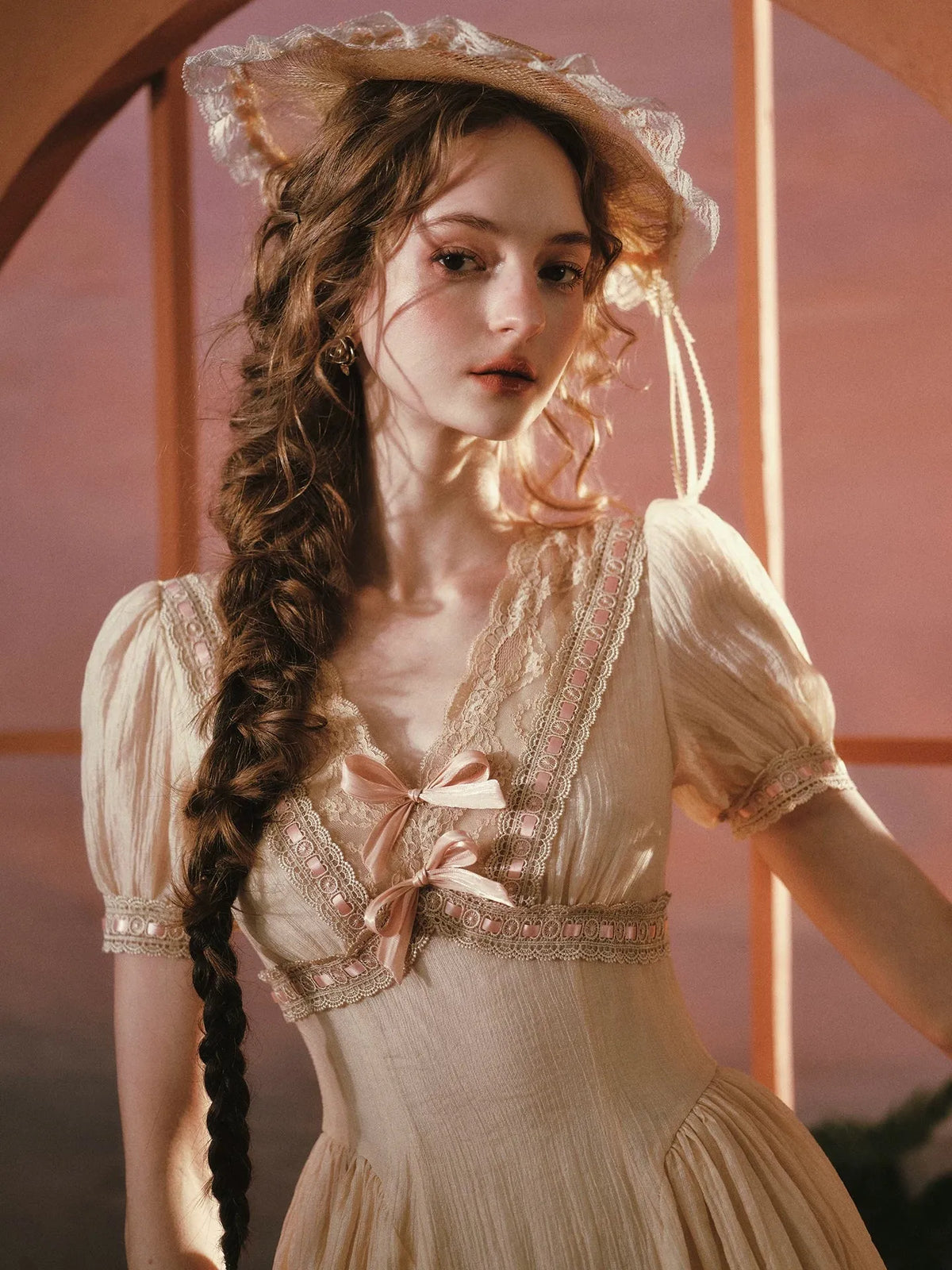 Sunset Rose French Vintage V-Neck Waist-Cinching Dress