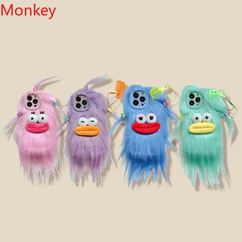 Korean Funny Fluffy Plush Monster Cases For iPhone 17 Pro Max 15 16 14 Plus 13 12 11 Cute Girl Winter Warm Cover Fur Soft Coque