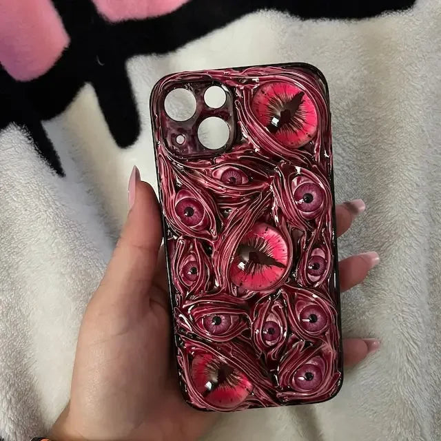 3D Phone Case Gothic Creepy Pink Eyes Phone Cover Handmade Monster Iphone 11 Case 12 14 15 Pro Max XR 7 Plus Cover Poco F4 Funda