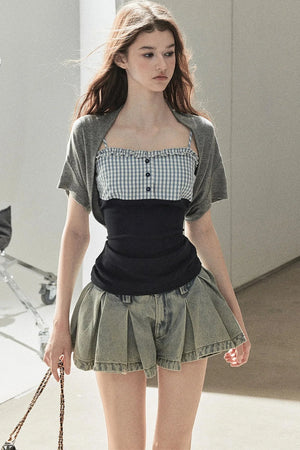 A-Line Pleated Denim Skirt