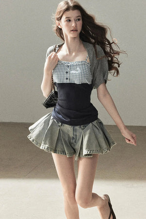 A-Line Pleated Denim Skirt
