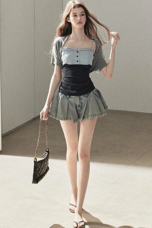 A-Line Pleated Denim Skirt