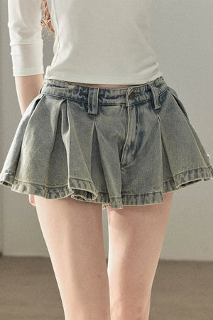 A-Line Pleated Denim Skirt