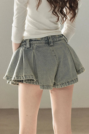 A-Line Pleated Denim Skirt