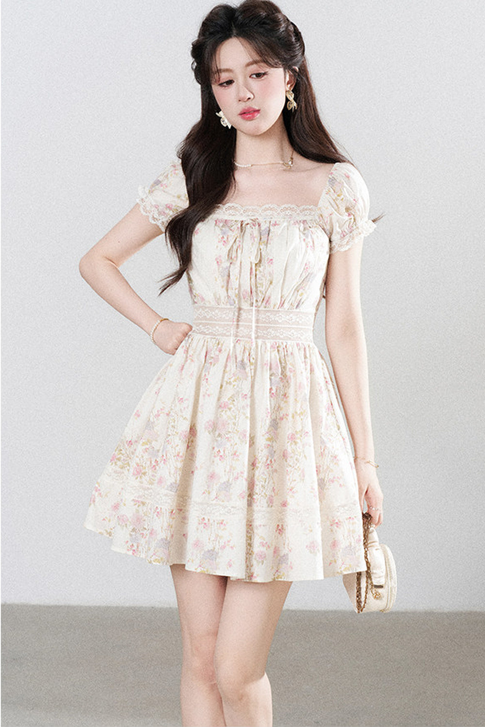 A-Line Puff Sleeve Square Neck Floral Dress