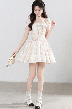 A-Line Puff Sleeve Square Neck Floral Dress