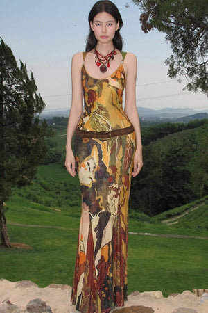 Abstract Print Beaded Strap Slip Dress