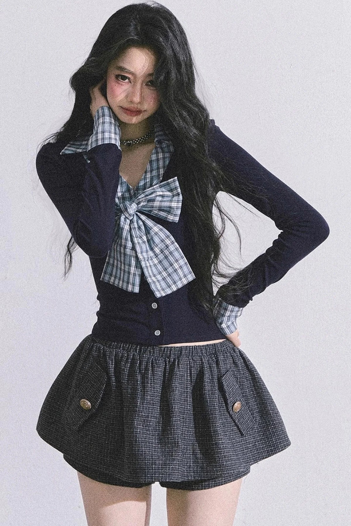 American Long-Sleeved Bow Plaid T-Shirt