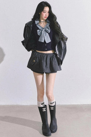 American Long-Sleeved Bow Plaid T-Shirt