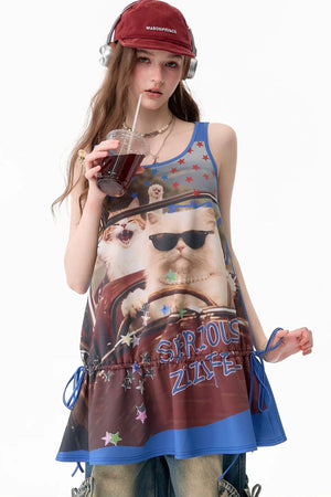American Retro Cat Print Street Vest Dress