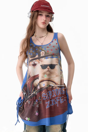 American Retro Cat Print Street Vest Dress
