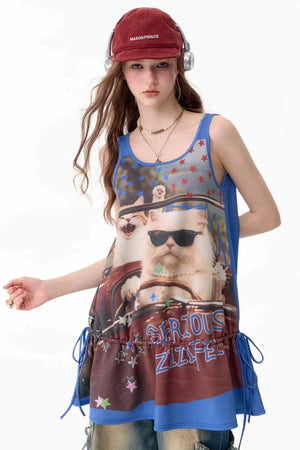 American Retro Cat Print Street Vest Dress