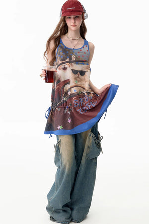 American Retro Cat Print Street Vest Dress