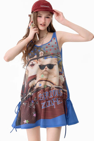 American Retro Cat Print Street Vest Dress
