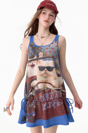 American Retro Cat Print Street Vest Dress