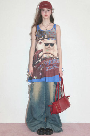 American Retro Cat Print Street Vest Dress