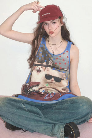 American Retro Cat Print Street Vest Dress