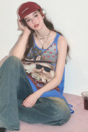 American Retro Cat Print Street Vest Dress