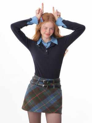 american retro leeve fake two-piece top