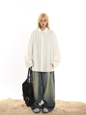 American Retro Loose Drap Solid Color Shirt