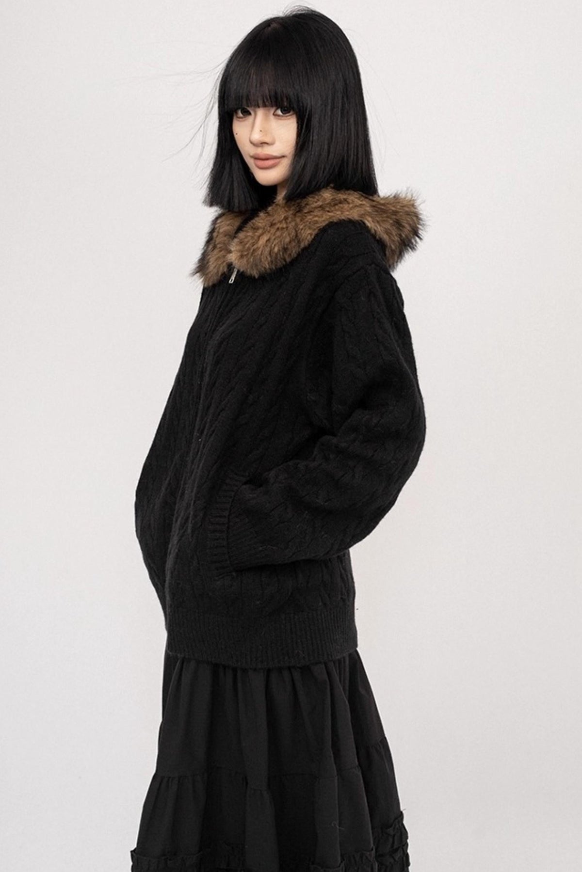American Vintage Knitted Hooded Black Sweater Jacket