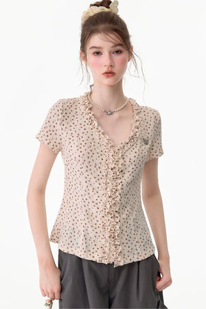Apricot Polka Dot Lace V-Neck T-Shirt