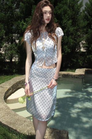 Aqua Blue Polka Dot Floral Top and Skirt Set-Up