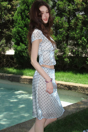 Aqua Blue Polka Dot Floral Top and Skirt Set-Up