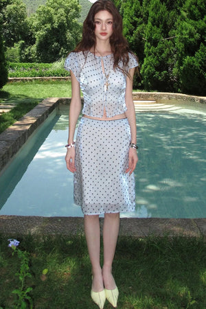 Aqua Blue Polka Dot Floral Top and Skirt Set-Up