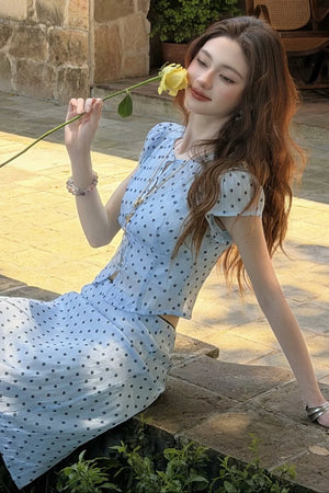 Aqua Blue Polka Dot Floral Top and Skirt Set-Up