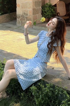 Aqua Blue Polka Dot Floral Top and Skirt Set-Up