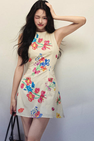 Artistic Hand-Painted Floral Sleeveless Dress