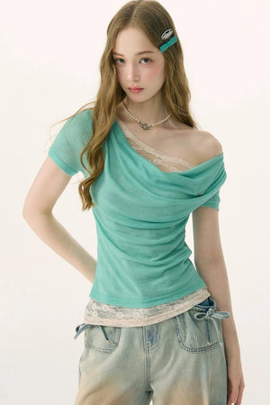 Asymmetric Mint Green Lace Top