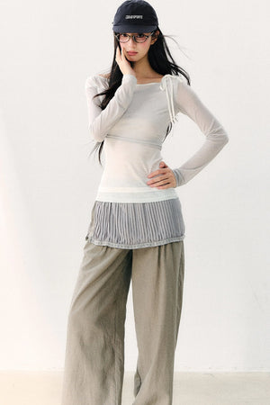 Asymmetric Off-Shoulder Tie-Up Color Block Long Sleeve Top
