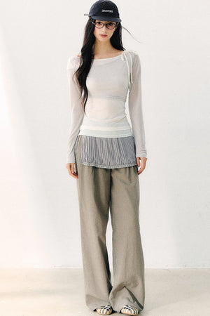 Asymmetric Off-Shoulder Tie-Up Color Block Long Sleeve Top