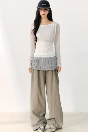 Asymmetric Off-Shoulder Tie-Up Color Block Long Sleeve Top