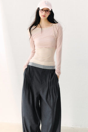 Asymmetric Off-Shoulder Tie-Up Color Block Long Sleeve Top