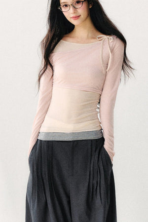 Asymmetric Off-Shoulder Tie-Up Color Block Long Sleeve Top