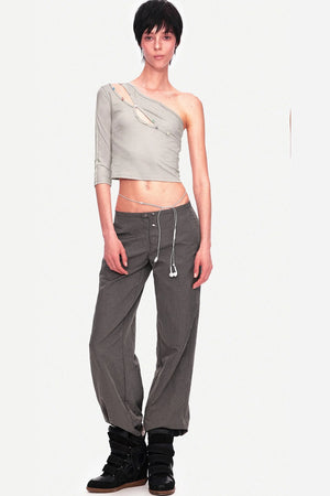 Asymmetrical Color-Button Off-Shoulder Top