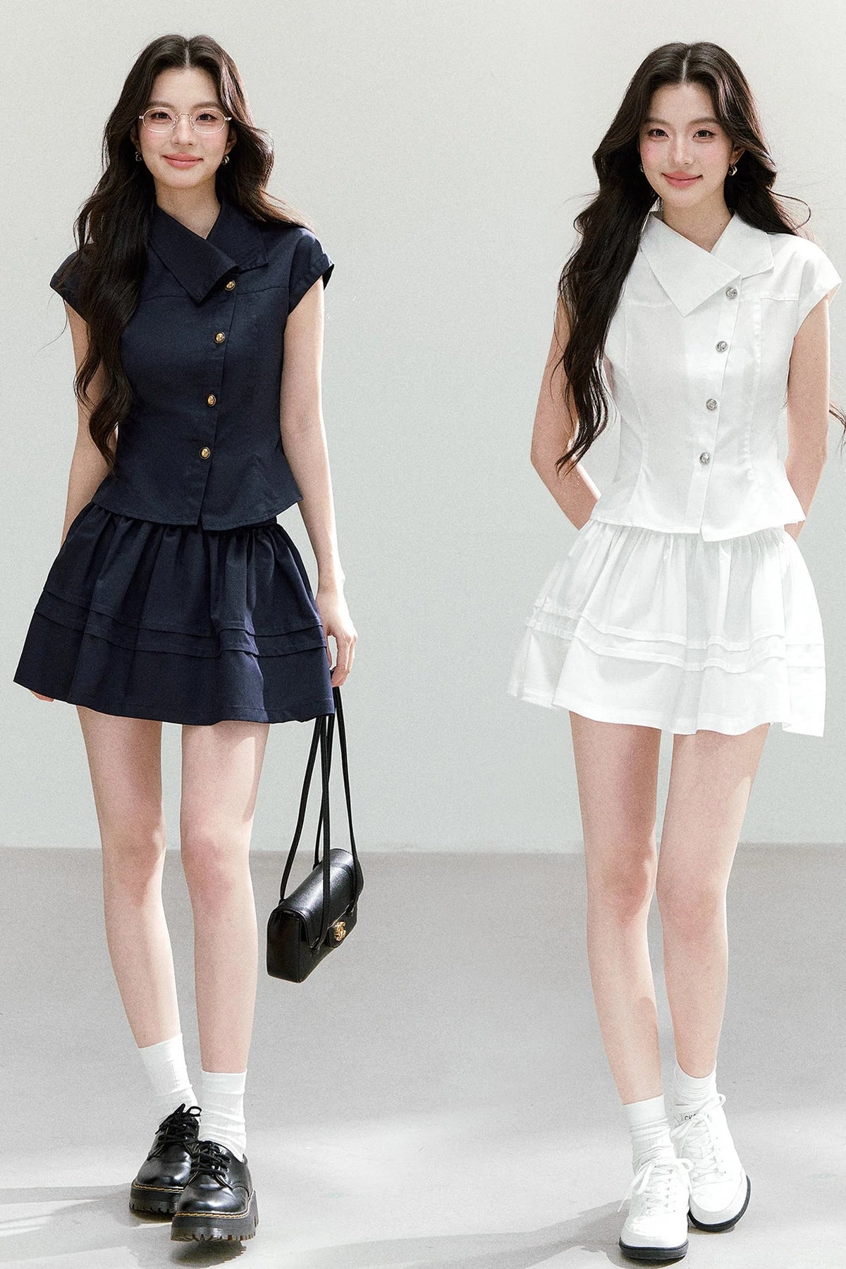 Asymmetrical Lapel Waist-Cinching Top Set-Up